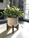 Flora Bunda 11-Inch Artificial Tea Leaf Arrangement in Geo Ceramic Pot with Wood Base