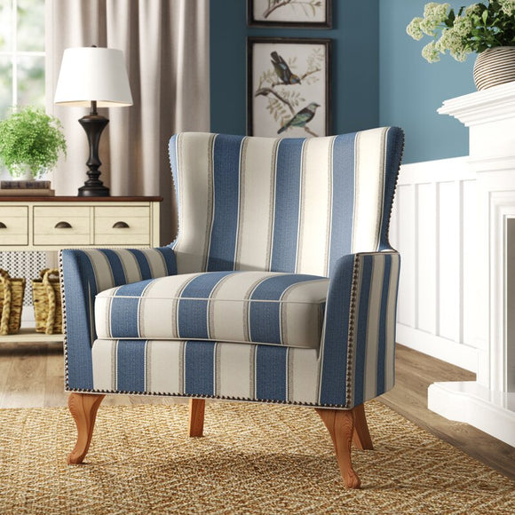 Adlai Wingback Armchair-Blue Stripped Polyester Blend
