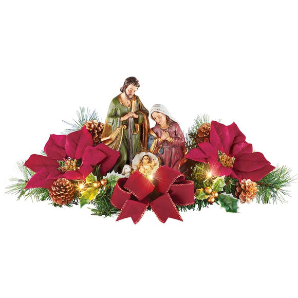 Lighted Tabletop Nativity Scene With Poinsettias
