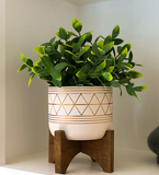 Flora Bunda 11-Inch Artificial Tea Leaf Arrangement in Geo Ceramic Pot with Wood Base