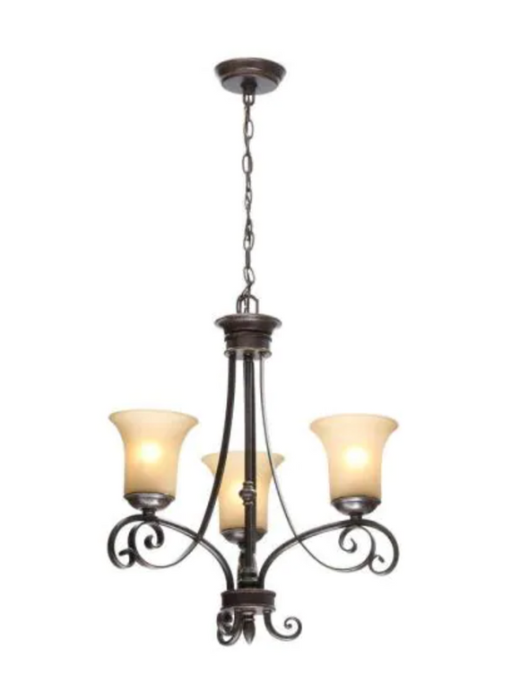Hampton Bay Essex 3-Light Aged Black Chandelier with Tea Stained Glass Shades