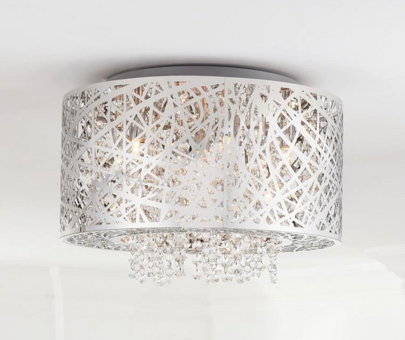 Home Decorators Collection 15.75 in. 7-Light Stainless Steel Flush Mount with Laser Cut Mirrored Shade and Crystal Drops