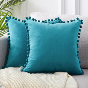 Topfinel Throw Pillow Velvet Pillow Covers with Pom poms 24" x 24" - Teal(Set of 2)